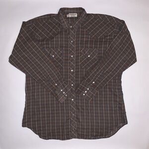 Ruddock Men's XL Western Pearl Snap Shirt Brown Blue Plaid Long Sleeve USA Made